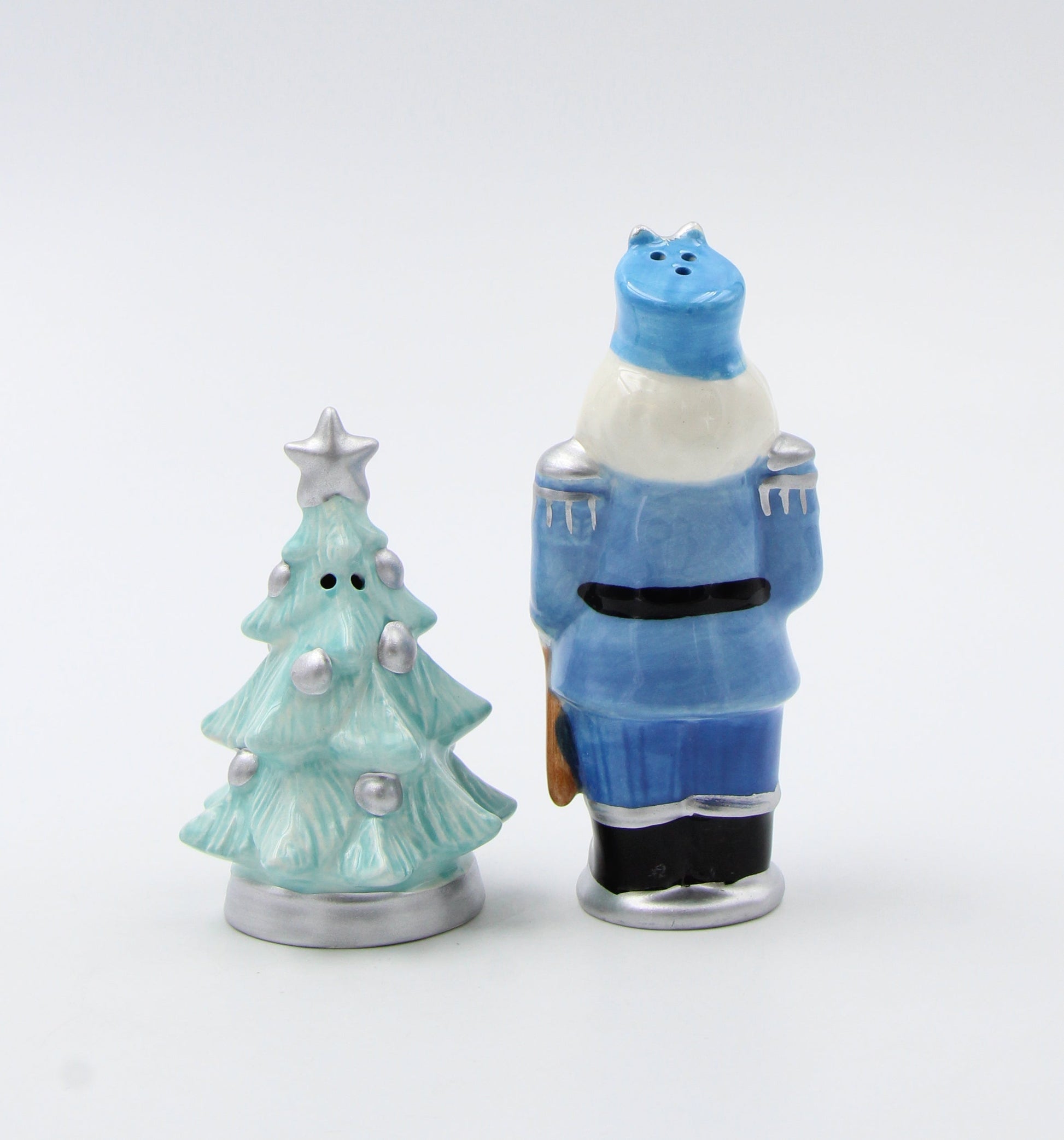 Ceramic Blue Nutcracker with Christmas Tree Salt and Pepper Shakers Home Décor Gift for Her Gift for Mom Kitchen Décor
