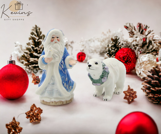Ceramic Blue Santa & Polar Bear Salt And Pepper Shakers Home Décor Gift for Her Gift for Mom Kitchen Décor Christmas