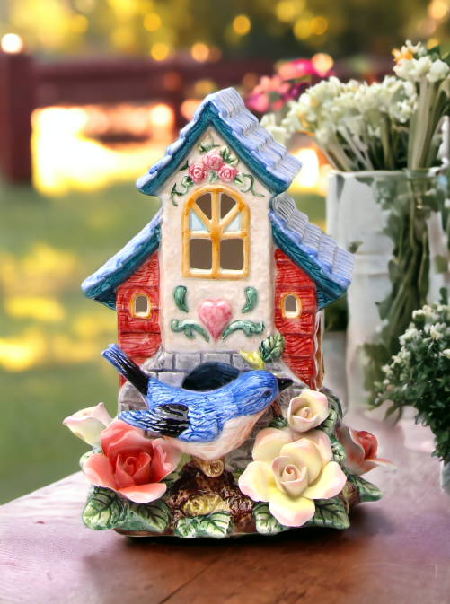 Ceramic Bluebird Birdhouse Figurine Home Décor Gift for Her Gift for Mom Kitchen Décor Birdwatcher Gift Vintage Decor