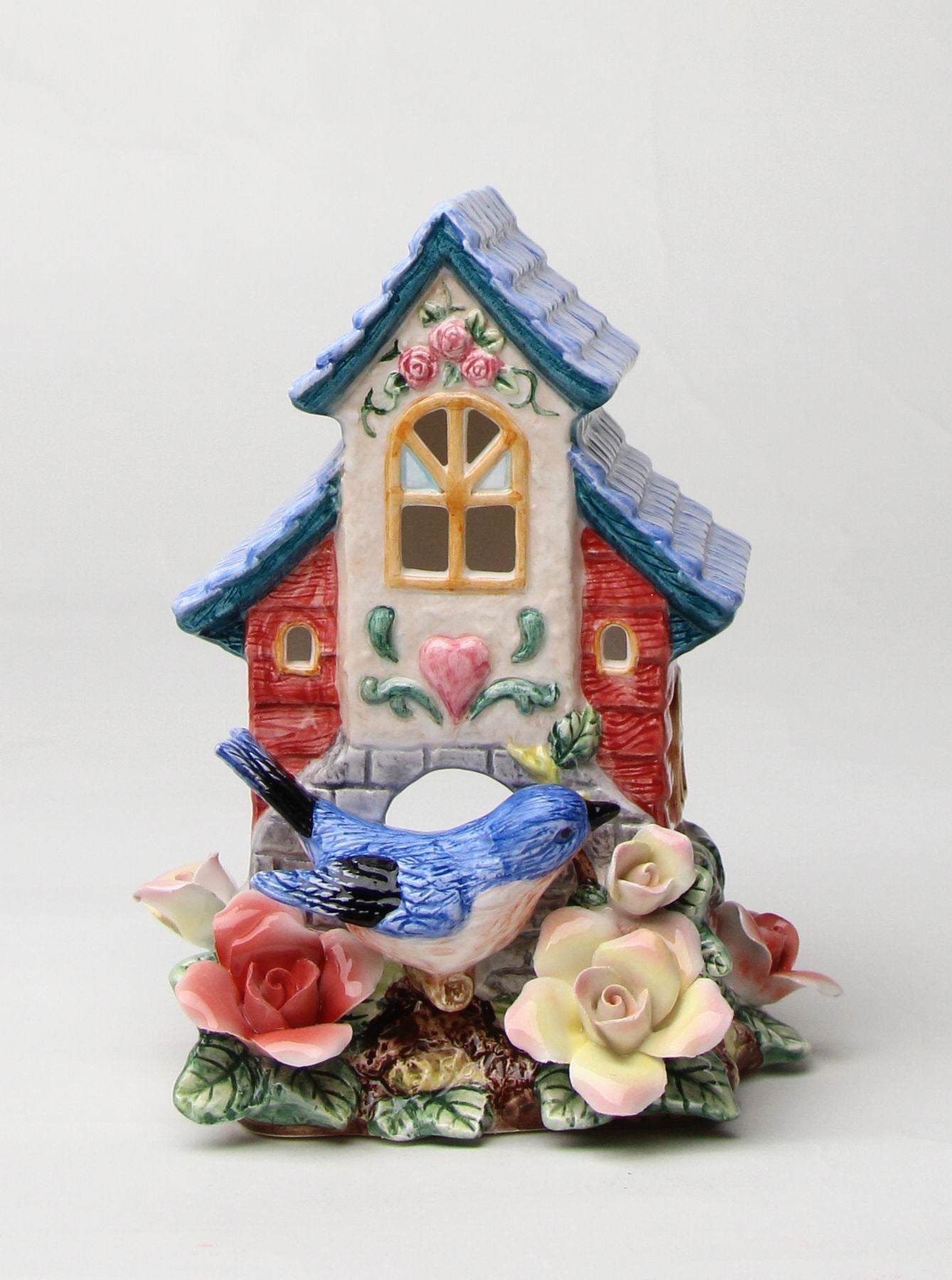 Ceramic Bluebird Birdhouse Figurine Home Décor Gift for Her Gift for Mom Kitchen Décor Birdwatcher Gift Vintage Decor