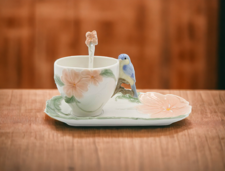 Ceramic Bluebird Flower Cup And Saucer And Spoon-1Set Gift for Her Gift for Mom Gift for Friend or Coworker Tea Party