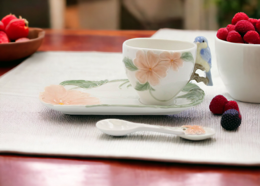 Ceramic Bluebird Flower Cup And Saucer And Spoon-1Set Gift for Her Gift for Mom Gift for Friend or Coworker Tea Party