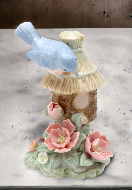 Ceramic Bluebird On Birdhouse Figurine Home Décor Gift for Her Gift for Mom Kitchen Décor Birdwatcher Gift Vintage