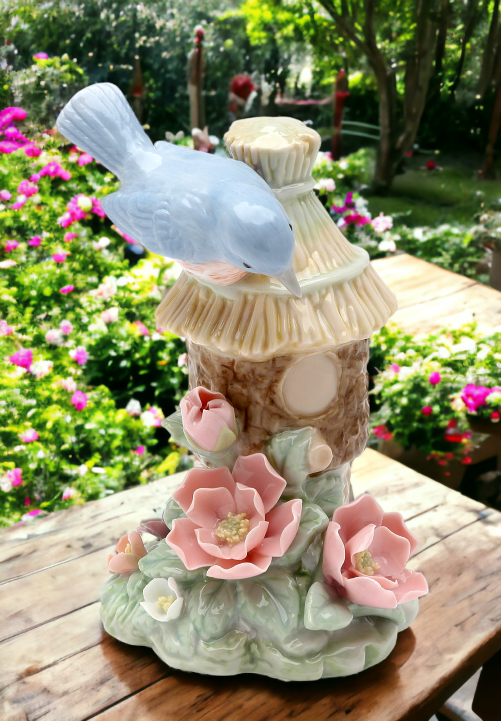Ceramic Bluebird On Birdhouse Figurine Home Décor Gift for Her Gift for Mom Kitchen Décor Birdwatcher Gift Vintage