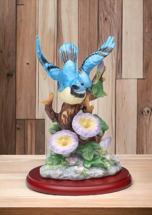 Ceramic Bluejay Bird with Morning Glory Flower Figurine Home Décor Gift for Her Gift for Mom Kitchen Décor Birdwatcher