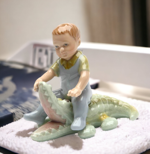 Ceramic Boy With Alligator Figurine Nursery Room Decor Baby Shower Gift Home Decor - Figurines