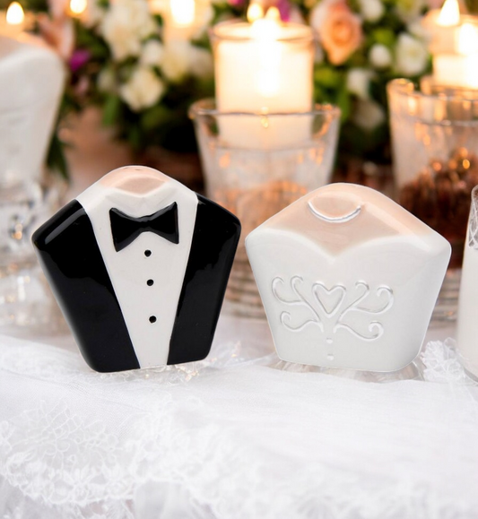 Ceramic Bride and Groom Tuxedo & Gown Salt & Pepper Shakers Wedding Decor Wedding Gift Kitchen Decor - Salt & Pepper