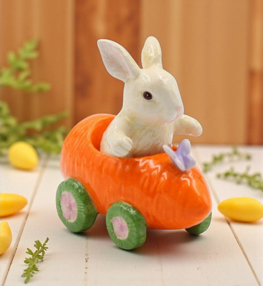 Ceramic Bunny Rabbit In Carrot Racecar Salt And Pepper Shakers Home Décor Gift for Her or Mom Kitchen Décor Spring