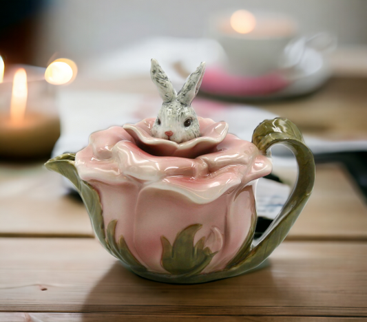 Ceramic Bunny Rabbit on a Rose Teapot Gift for Her Gift for Mom Tea Party Décor Café Décor Spring Kitchen Decor - teapot
