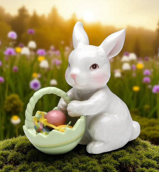 Ceramic Bunny Rabbit With Easter Egg Basket Figurine Home Décor Gift for Her Gift for Mom Kitchen Décor Spring Décor