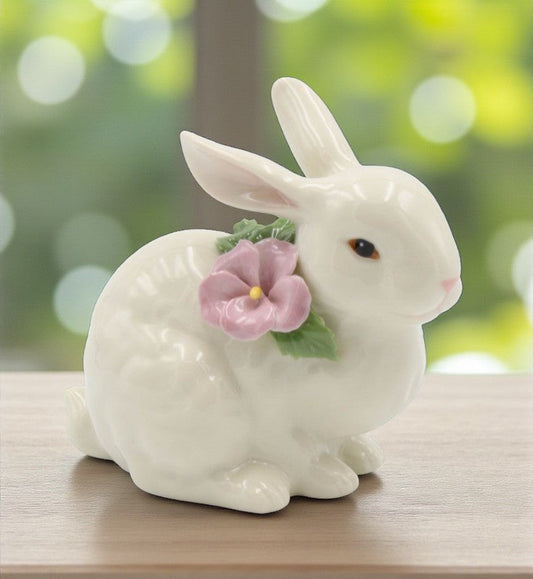 Ceramic Bunny Rabbit with Pink Pansy Flower Figurine Home Décor Gift for Her Gift for Mom Kitchen Décor Spring Décor