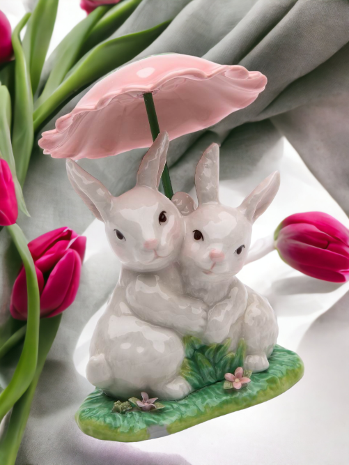 Ceramic Bunny Rabbits Sharing a Flower Umbrella Home Décor Gift for Her Gift for Mom Kitchen Décor Spring Décor Easter