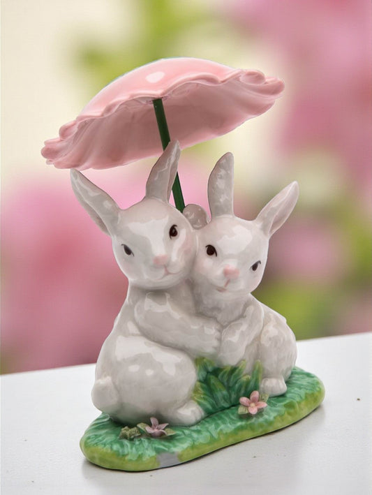 Ceramic Bunny Rabbits Sharing a Flower Umbrella Home Décor Gift for Her Gift for Mom Kitchen Décor Spring Décor Easter