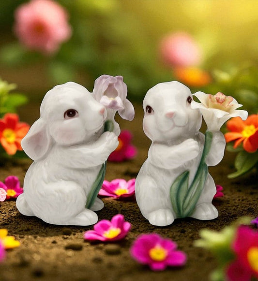 Ceramic Bunny Rabbits with Flowers Salt and Pepper Shakers Home Décor Gift for Her or Mom Kitchen Décor Spring Décor