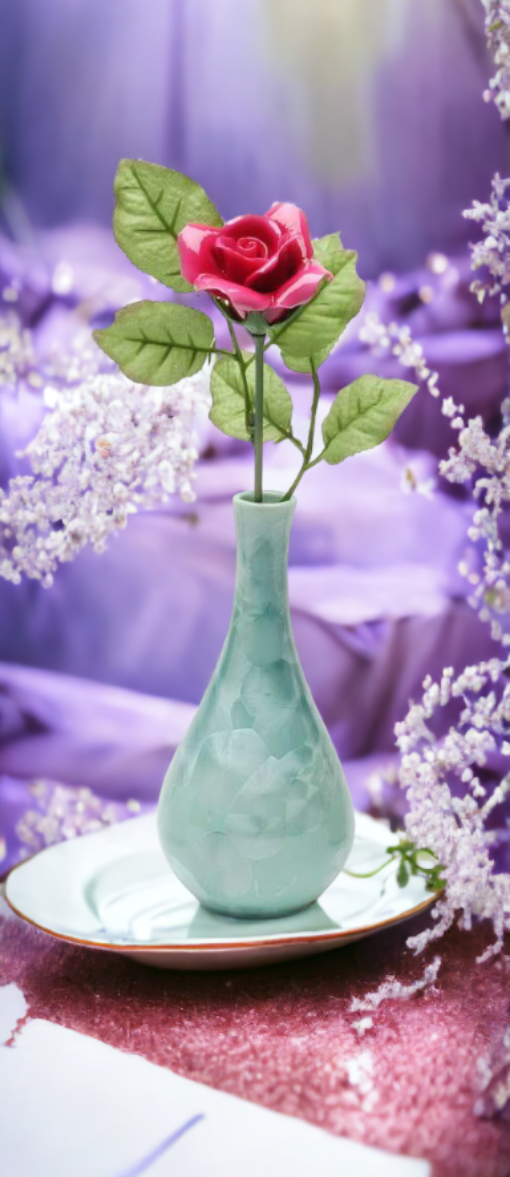 Ceramic Burgundy Rose Flower in Crystallized Green Vase Valentines Day Wedding Décor or Gift Wedding Favor Anniversary