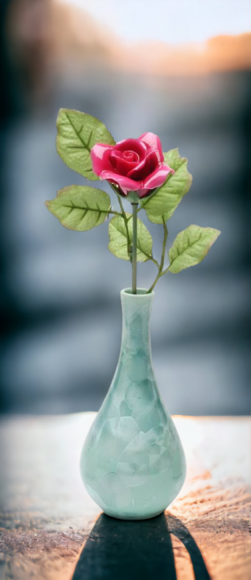 Ceramic Burgundy Rose Flower in Crystallized Green Vase Valentines Day Wedding Décor or Gift Wedding Favor Anniversary