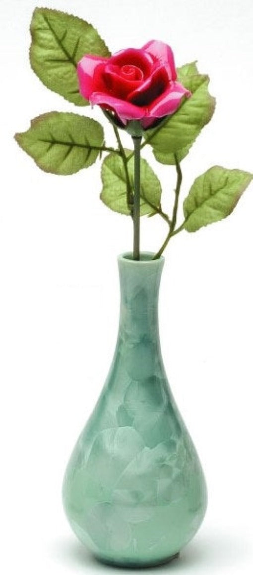 Ceramic Burgundy Rose Flower in Crystallized Green Vase Valentines Day Wedding Décor or Gift Wedding Favor Anniversary