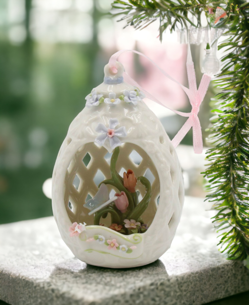 Ceramic Butterfly with Flowers inside Carved Egg Dome Ornament Home Décor Gift for Her Gift for Mom Kitchen Décor