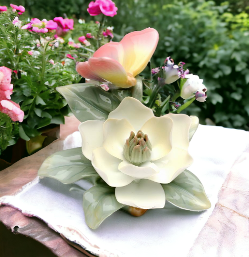 Ceramic Butterfly with Magnolia Flower Figurine Home Décor Gift for Her Gift for Mom Kitchen Décor Nature Lover Gift
