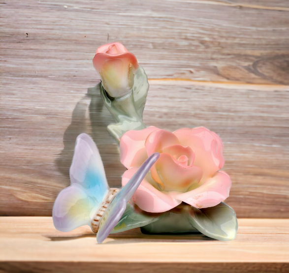 Ceramic Butterfly With Rose Figurine Home Décor Gift for Her Gift for Mom Nature Lover Décor Cottagecore - Figurine