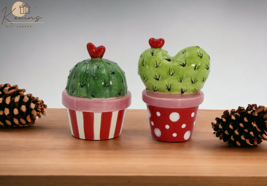 Ceramic Cactus in Pots with Heart Salt and Pepper Shakers Valentines Day Décor Gift for Her Gift for Mom Kitchen Décor
