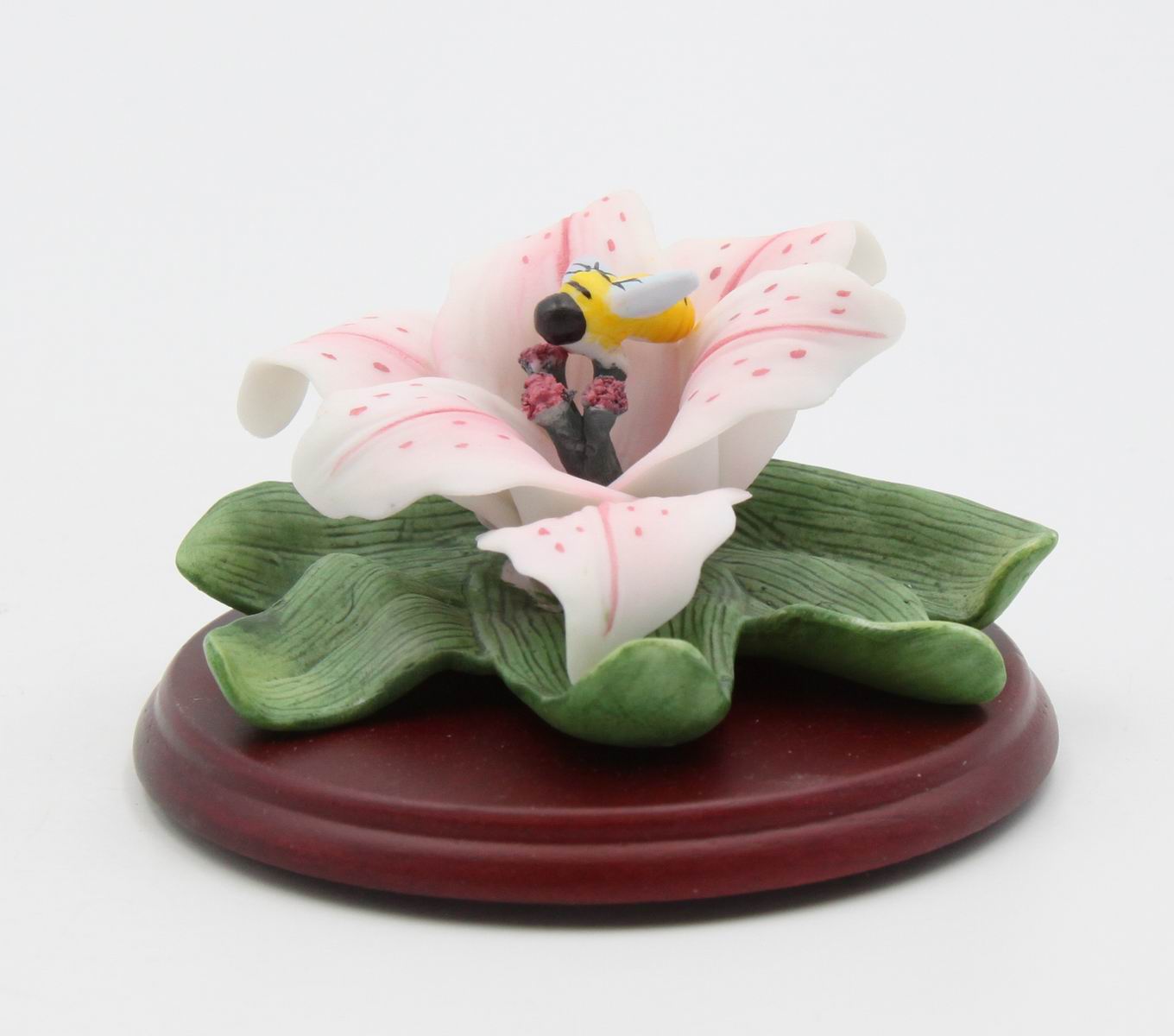 Ceramic Cala Lily Flower with Bumblebee Figurine on Wood Base Home Décor Gift for Her Gift for Mom Nature Lover Gift