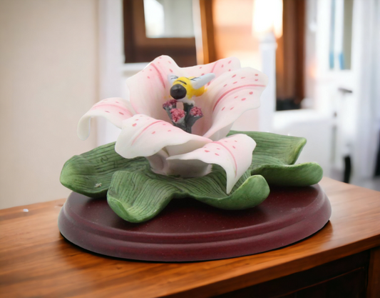 Ceramic Cala Lily Flower with Bumblebee Figurine on Wood Base Home Décor Gift for Her Gift for Mom Nature Lover Gift