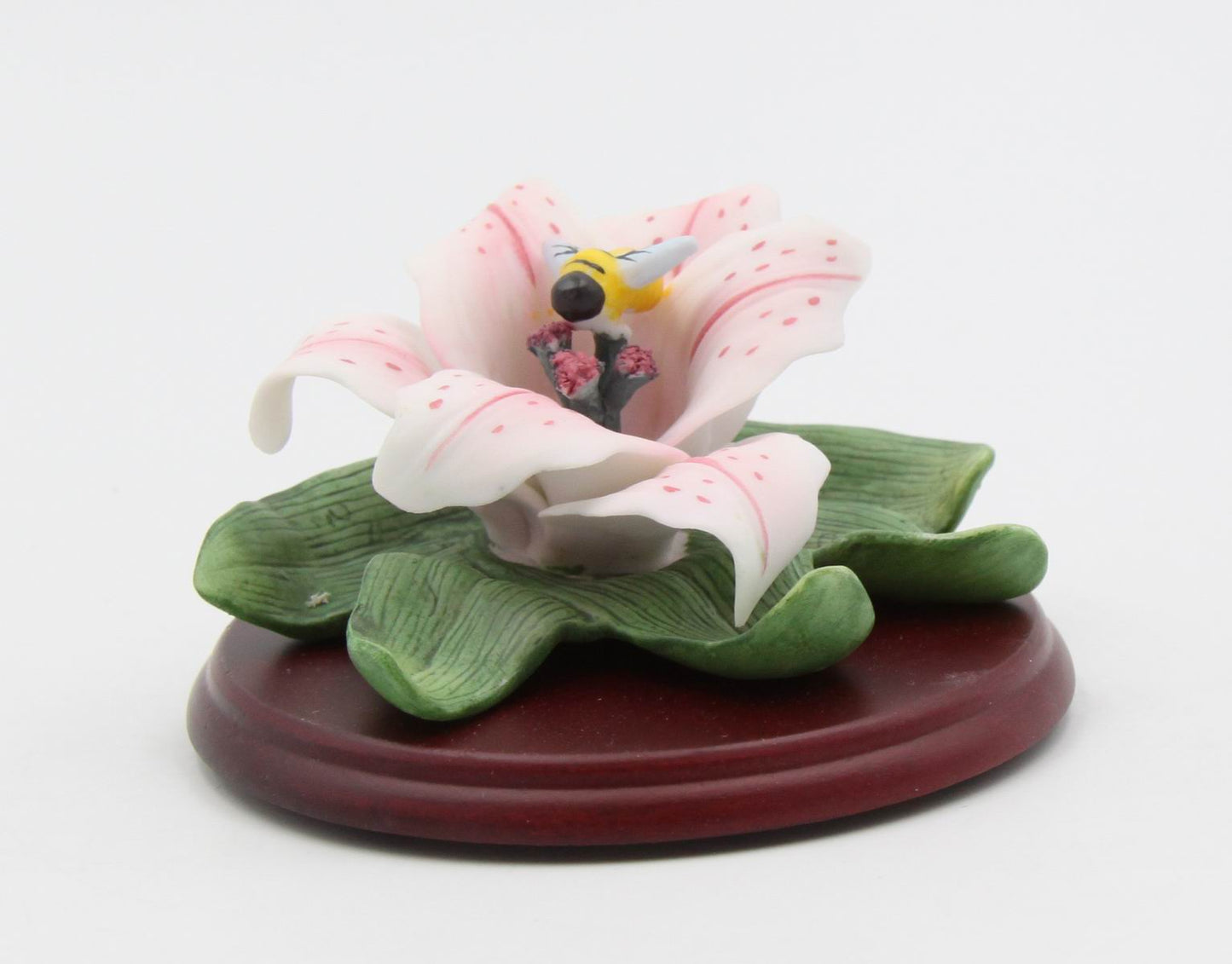 Ceramic Cala Lily Flower with Bumblebee Figurine on Wood Base Home Décor Gift for Her Gift for Mom Nature Lover Gift