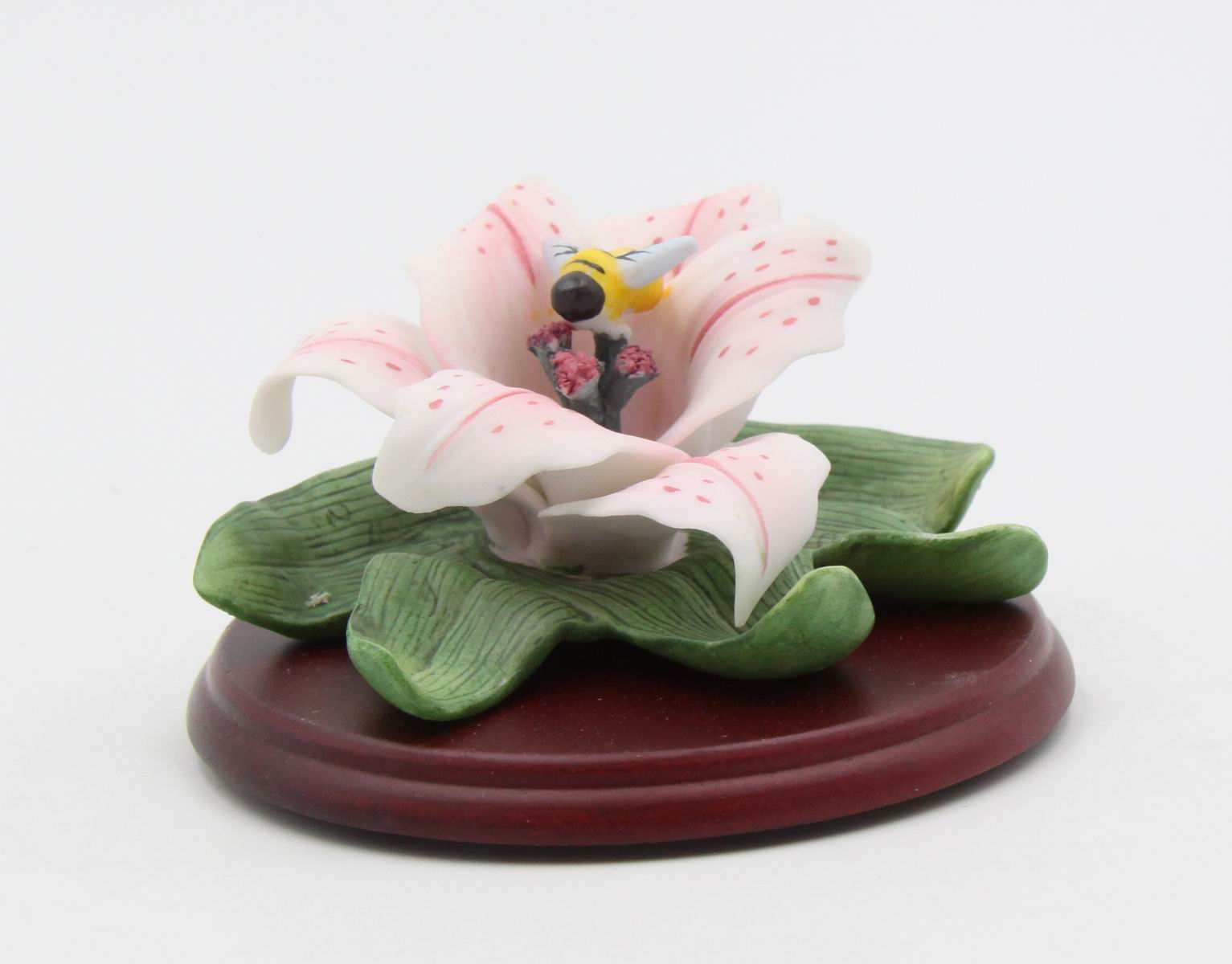 Ceramic Cala Lily Flower with Bumblebee Figurine on Wood Base Home Décor Gift for Her Gift for Mom Nature Lover Gift