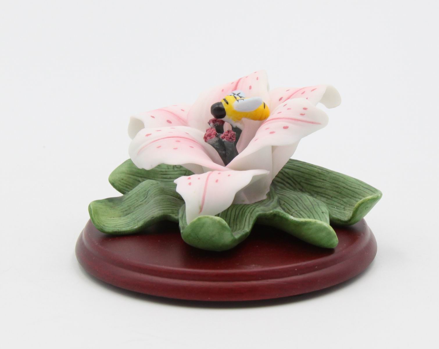 Ceramic Cala Lily Flower with Bumblebee Figurine on Wood Base Home Décor Gift for Her Gift for Mom Nature Lover Gift