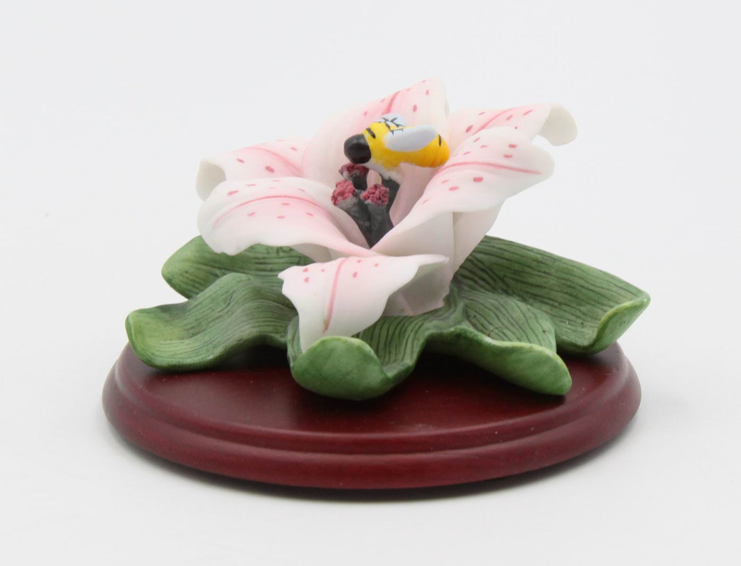 Ceramic Cala Lily Flower with Bumblebee Figurine on Wood Base Home Décor Gift for Her Gift for Mom Nature Lover Gift