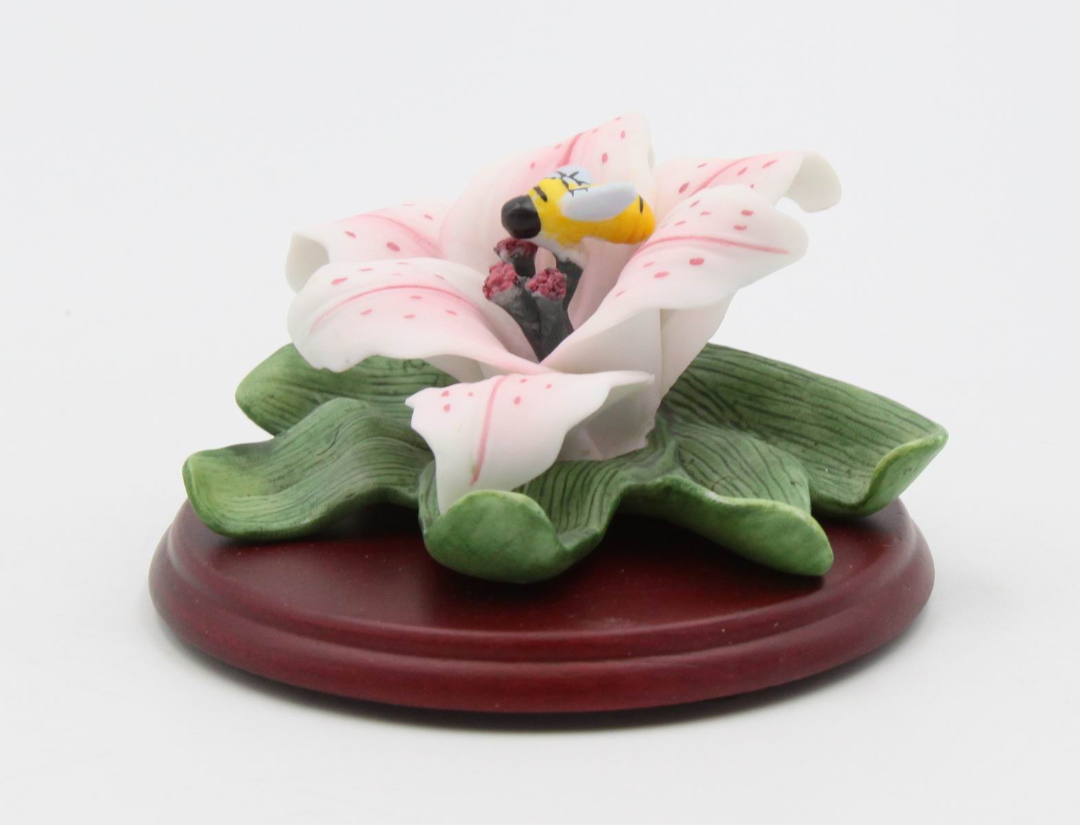 Ceramic Cala Lily Flower with Bumblebee Figurine on Wood Base Home Décor Gift for Her Gift for Mom Nature Lover Gift