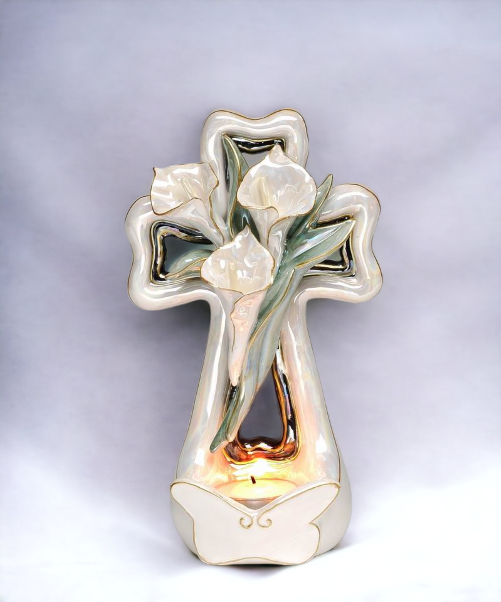 Ceramic Cala Lily Flower with Cross Tealight Candle Holder Religious Décor Religious Gift Church Décor Church Gift