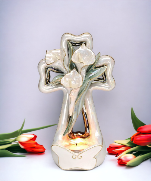 Ceramic Cala Lily Flower with Cross Tealight Candle Holder Religious Décor Religious Gift Church Décor Church Gift