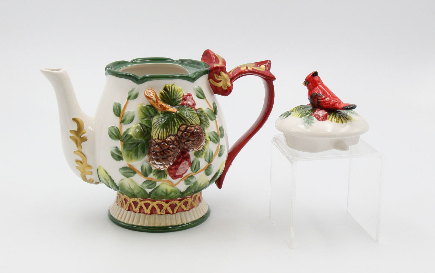 Ceramic Cardinal Bird and Pine Cones Christmas Teapot Gift for Her Gift for Mom Tea Party Décor Café Décor Christmas