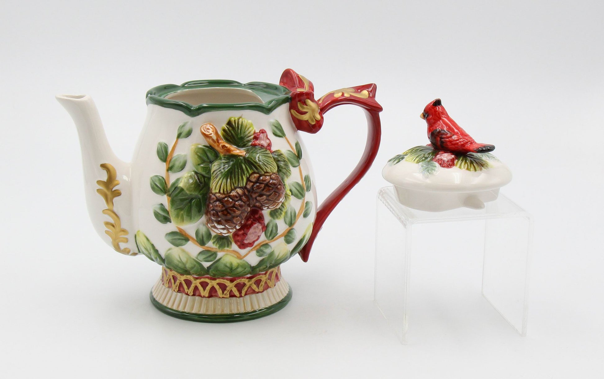 Ceramic Cardinal Bird and Pine Cones Christmas Teapot Gift for Her Gift for Mom Tea Party Décor Café Décor Christmas