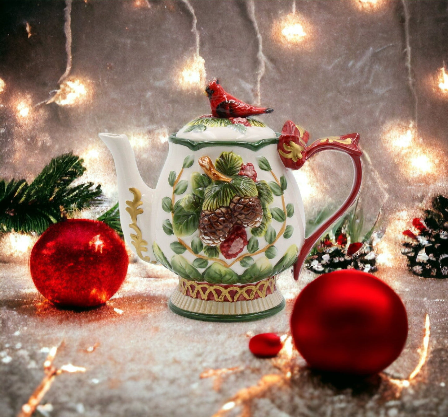 Ceramic Cardinal Bird and Pine Cones Christmas Teapot Gift for Her Gift for Mom Tea Party Décor Café Décor Christmas