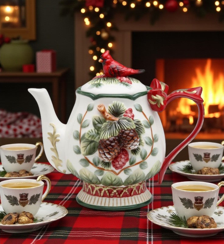 Ceramic Cardinal Bird and Pine Cones Christmas Teapot Gift for Her Gift for Mom Tea Party Décor Café Décor Christmas