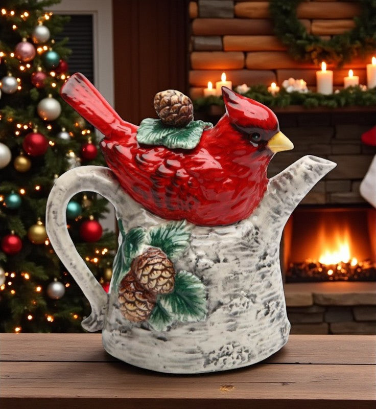 Ceramic Cardinal Bird On Birchtree Teapot Gift for Her Gift for Mom Birdwatcher Tea Party Décor Café Décor Christmas