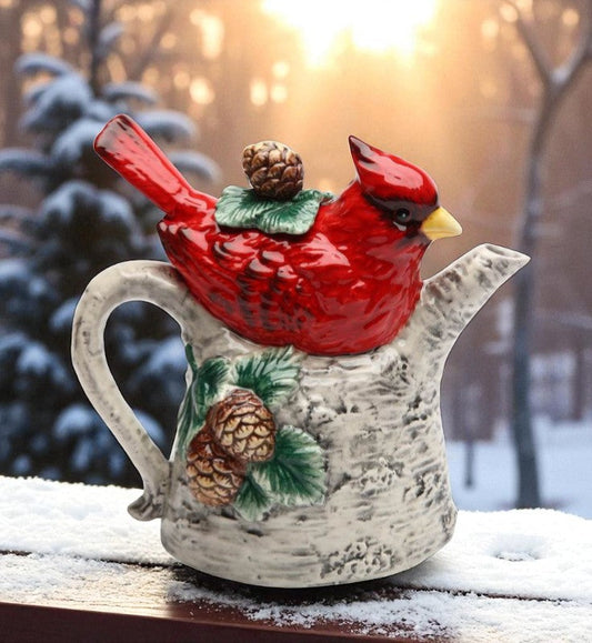 Ceramic Cardinal Bird On Birchtree Teapot Gift for Her Gift for Mom Birdwatcher Tea Party Décor Café Décor Christmas