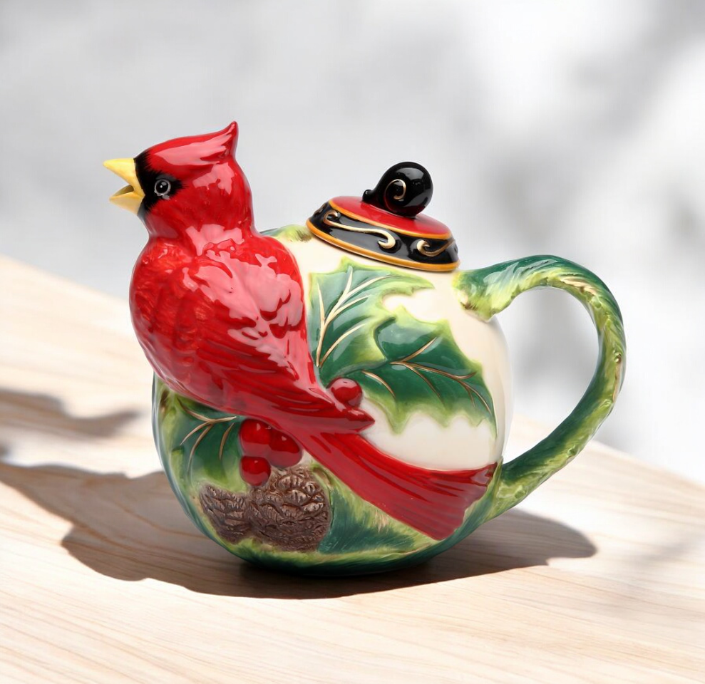 Ceramic Cardinal Bird with Poinsettia Christmas Teapot Christmas Decor Bird Watcher Gift Gift for Her Gift for Mom