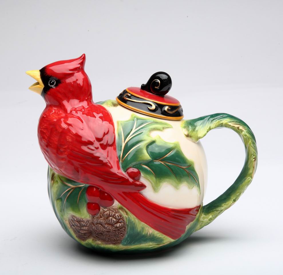 Ceramic Cardinal Bird with Poinsettia Christmas Teapot Christmas Decor Bird Watcher Gift Gift for Her Gift for Mom