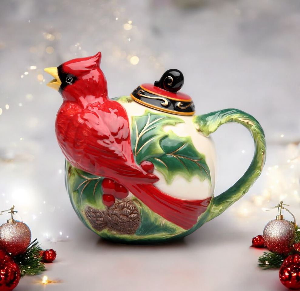 Ceramic Cardinal Bird with Poinsettia Christmas Teapot Christmas Decor Bird Watcher Gift Gift for Her Gift for Mom