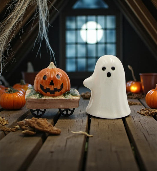 Ceramic Casper the Ghost And Pumpkin Wagon Halloween Salt And Pepper Shakers Gift for Her or Mom Kitchen Décor Fall