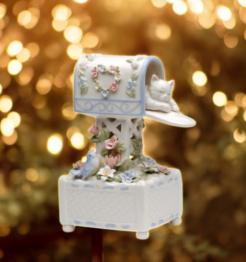 Ceramic Cat Sleeping in Mailbox Playing ’Memory’ Cat Lover Gift Gift for Her - Music box