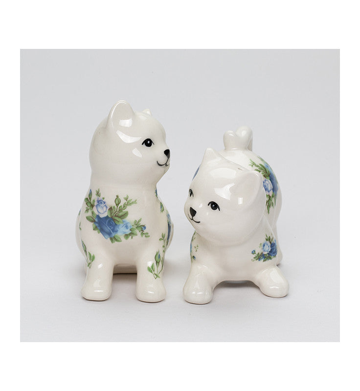 Ceramic Cat with Blue Roses Pattern Salt and Pepper Shakers Cat Lover Gift Spring Decor - Salt & Pepper Shakers
