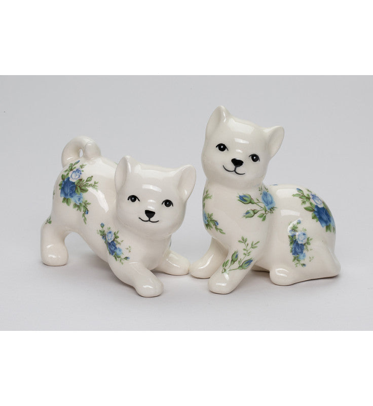 Ceramic Cat with Blue Roses Pattern Salt and Pepper Shakers Cat Lover Gift Spring Decor - Salt & Pepper Shakers