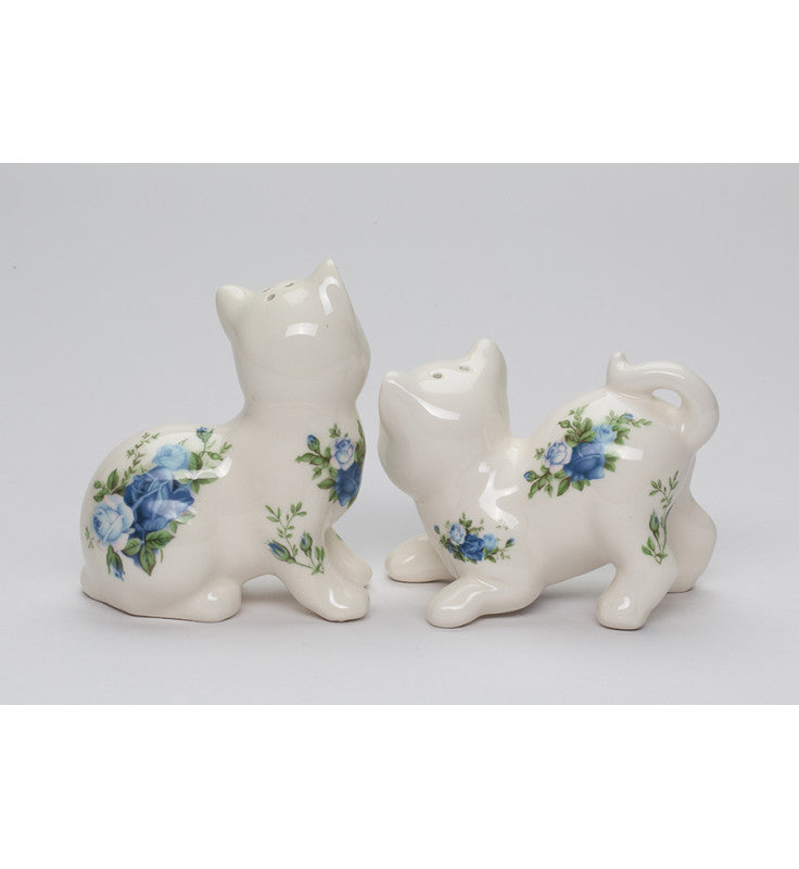 Ceramic Cat with Blue Roses Pattern Salt and Pepper Shakers Cat Lover Gift Spring Decor - Salt & Pepper Shakers