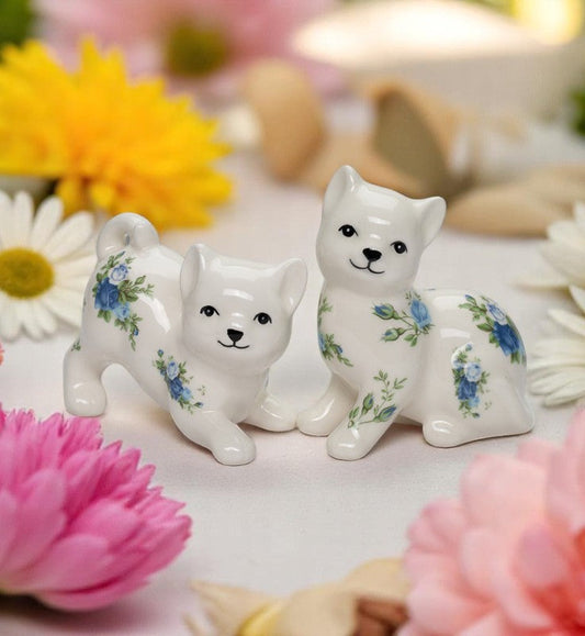 Ceramic Cat with Blue Roses Pattern Salt and Pepper Shakers Cat Lover Gift Spring Decor - Salt & Pepper Shakers