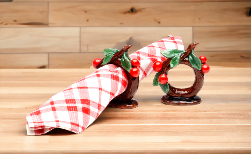 Ceramic Cherry Napkin Rings-Set of 4 Home Décor Gift for Her Gift for Mom Kitchen Décor Wedding Decor - Napkin holders
